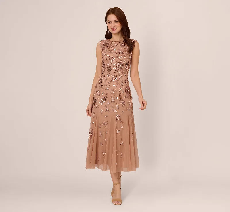 Stylish wedding guest dresses for a tropical-themed event -Floral Beaded Ankle Length Gown In Rose Gold Stylish wedding guest dresses for a tropical-themed event -Floral Beaded Ankle Length Gown In Rose Gold