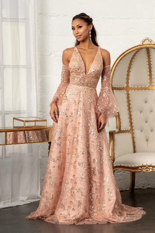 cocktail dresses with floral appliques for spring vibes --Glitter Print V-Neck Gown by Elizabeth K GL3002 cocktail dresses with floral appliques for spring vibes --Glitter Print V-Neck Gown by Elizabeth K GL3002