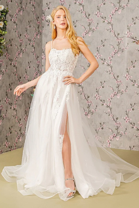 Wedding guest dresses with tiered skirts for a dramatic effect -Applique Sleeveless A-line Slit Bridal Gown by GLS Gloria GL3417 Wedding guest dresses with tiered skirts for a dramatic effect -Applique Sleeveless A-line Slit Bridal Gown by GLS Gloria GL3417