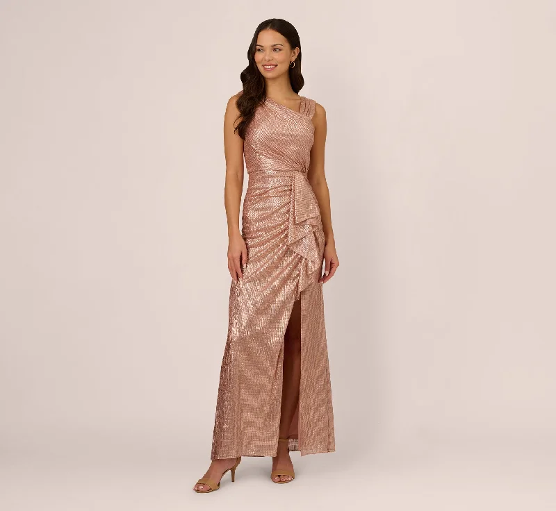 formal dresses with satin sashes for waist accentuation --Draped Metallic Foil Long Dress In Rose Gold formal dresses with satin sashes for waist accentuation --Draped Metallic Foil Long Dress In Rose Gold