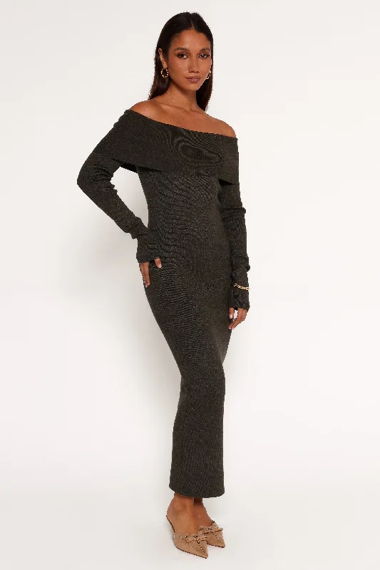 Sequin dresses for holiday parties and events -Archie Off The Shoulder Midi Dress - Olive