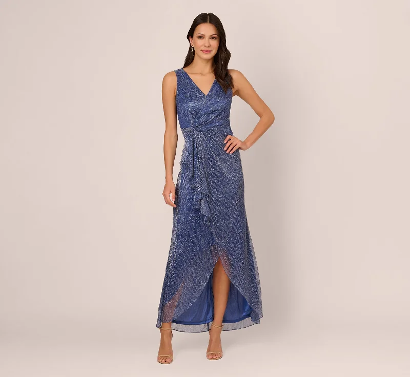 formal dresses for women with disabilities featuring magnetic closures --Metallic Mesh Faux Wrap Gown With Ruffle Accents In Light Navy formal dresses for women with disabilities featuring magnetic closures --Metallic Mesh Faux Wrap Gown With Ruffle Accents In Light Navy