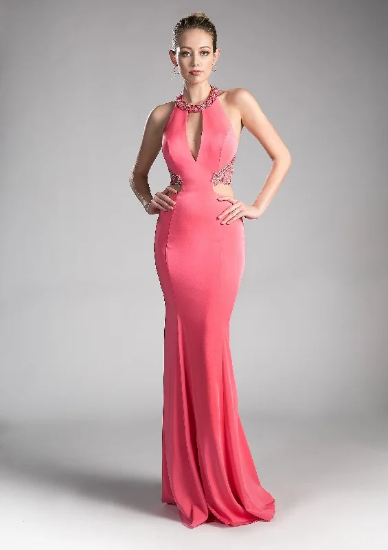 cocktail dresses with asymmetrical hemlines for unique style --Beaded Long Halter Dress by Cinderella Divine 85201