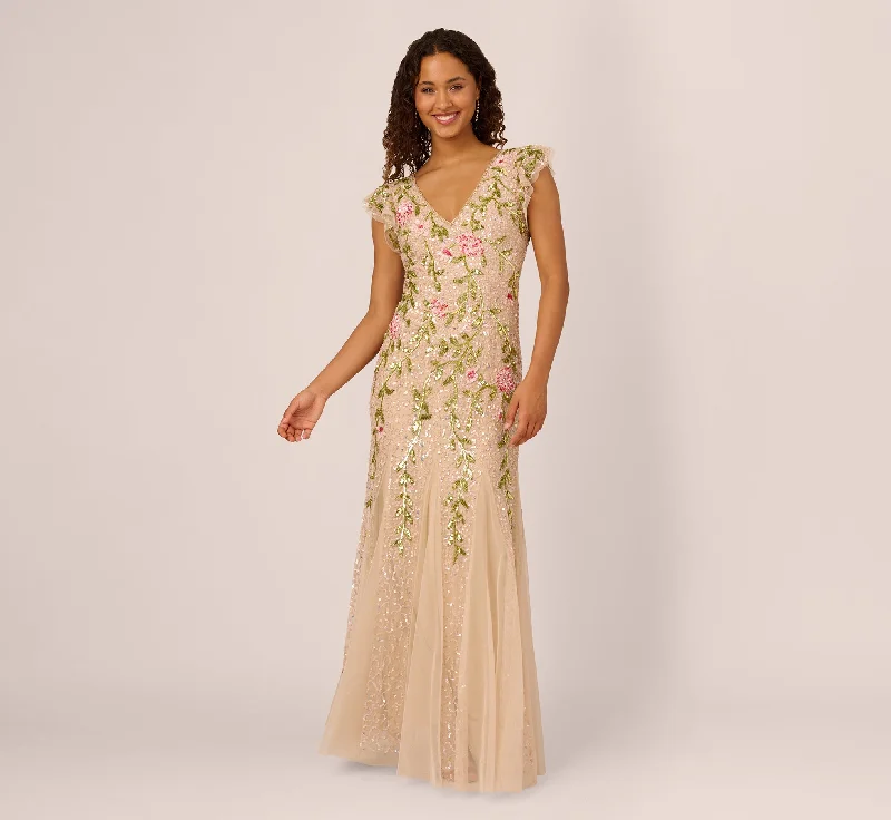 formal dresses with built-in bras for added support --Floral Beaded Mermaid Gown With Flutter Cap Sleeves In Light Champagne formal dresses with built-in bras for added support --Floral Beaded Mermaid Gown With Flutter Cap Sleeves In Light Champagne