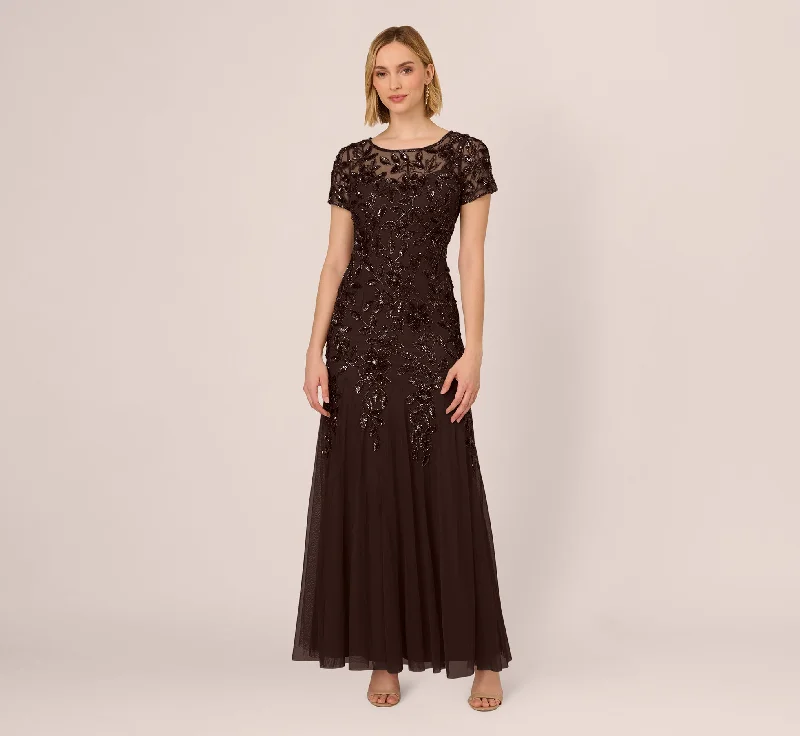 formal dresses with built-in LED lights for evening parties --Hand Beaded Short Sleeve Floral Godet Gown In Chocolate formal dresses with built-in LED lights for evening parties --Hand Beaded Short Sleeve Floral Godet Gown In Chocolate