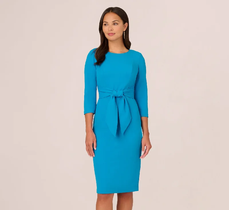 Spring dresses with floral embroidery for added texture -Knit Crepe Bow Sheath Dress With Three Quarter Sleeves In Blue Coast Spring dresses with floral embroidery for added texture -Knit Crepe Bow Sheath Dress With Three Quarter Sleeves In Blue Coast