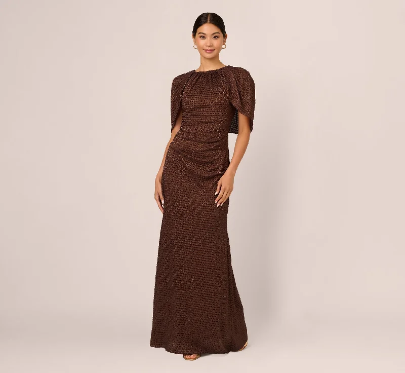 plus size formal dresses with ruching and flare skirts --Pleated Metallic Cape Gown In Bronze plus size formal dresses with ruching and flare skirts --Pleated Metallic Cape Gown In Bronze