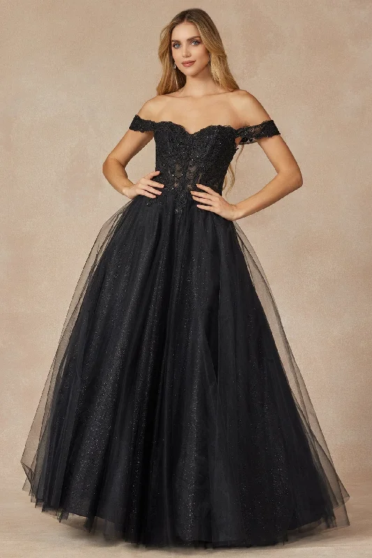 Bold wedding guest dresses in jewel tones for evening weddings -Embroidered Off Shoulder Tulle Gown by Juliet 280 Bold wedding guest dresses in jewel tones for evening weddings -Embroidered Off Shoulder Tulle Gown by Juliet 280