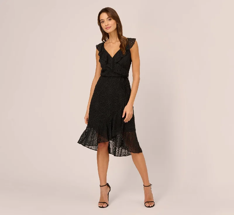 Wedding guest dresses with halter necklines for added style -Eyelet Faux Wrap Midi Dress With Ruffle Details In Black Wedding guest dresses with halter necklines for added style -Eyelet Faux Wrap Midi Dress With Ruffle Details In Black