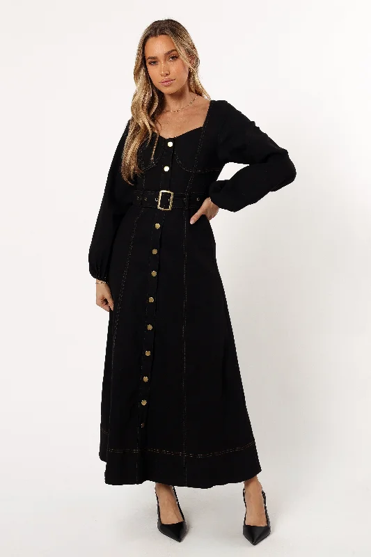 cocktail dresses with floral appliques for feminine charm --Mateo Long Sleeve Denim Dress - Black cocktail dresses with floral appliques for feminine charm --Mateo Long Sleeve Denim Dress - Black