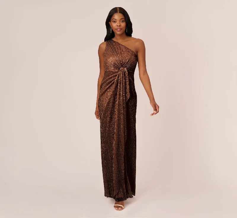 formal dresses for evening galas with sequin embellishments --Stardust Pleated Draped One Shoulder Gown In Copper
