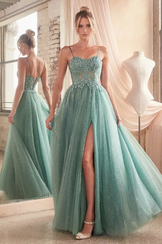 cocktail dresses with sweetheart necklines for romantic looks --Embroidered Sleeveless Corset Slit Tulle Gown by Ladivine C150 cocktail dresses with sweetheart necklines for romantic looks --Embroidered Sleeveless Corset Slit Tulle Gown by Ladivine C150