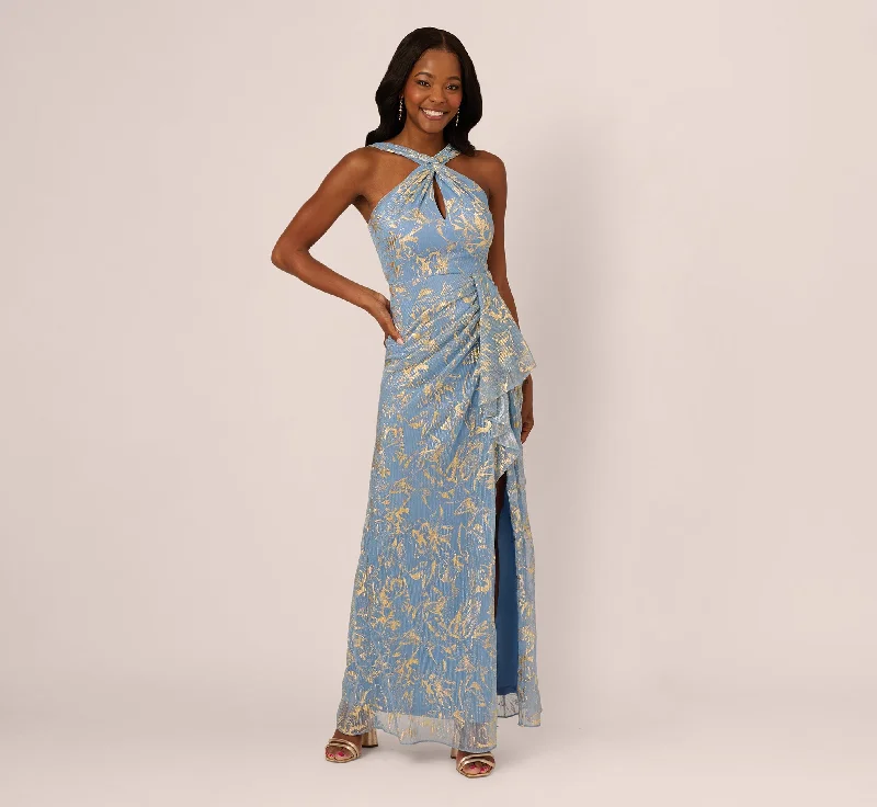 formal dresses for cruise dinners with wrinkle-resistant fabric --Metallic Crinkle Keyhole Halter Gown In Light Blue Gold formal dresses for cruise dinners with wrinkle-resistant fabric --Metallic Crinkle Keyhole Halter Gown In Light Blue Gold