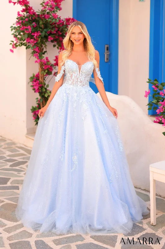 cocktail dresses with off-shoulder ruffles for feminine vibe --Applique Off Shoulder A-line Gown by Amarra 88409