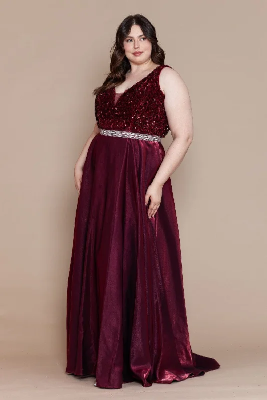 Stylish wedding guest dresses for daytime cocktail receptions -Plus Size Long Sequin Bodice Satin Dress by Poly USA W1006 Stylish wedding guest dresses for daytime cocktail receptions -Plus Size Long Sequin Bodice Satin Dress by Poly USA W1006