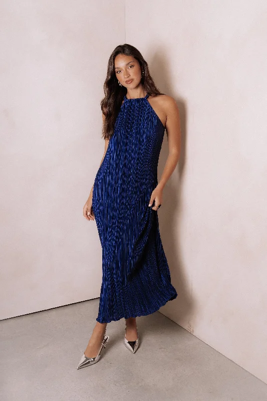 cocktail dresses with adjustable straps for comfortable fit --Melody Plisse Halter Maxi Dress - Navy cocktail dresses with adjustable straps for comfortable fit --Melody Plisse Halter Maxi Dress - Navy