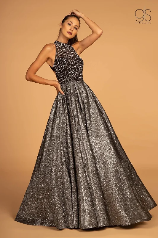 formal dresses for cocktail parties with fitted silhouettes --High Neck Evening Gown with Glitter Skirt by GLS Gloria GL2631