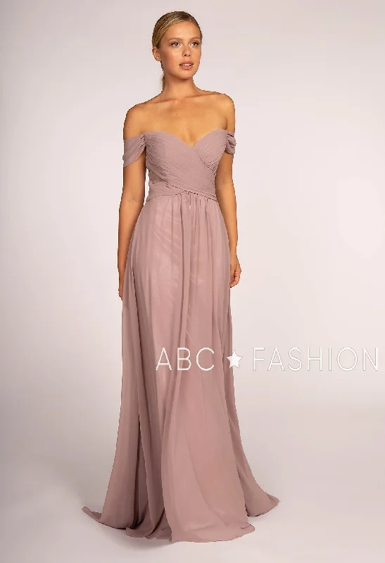 Trendy wedding guest dresses in earth tones for autumn weddings -Pleated Long Off Shoulder Chiffon Dress by Elizabeth K GL2550 Trendy wedding guest dresses in earth tones for autumn weddings -Pleated Long Off Shoulder Chiffon Dress by Elizabeth K GL2550