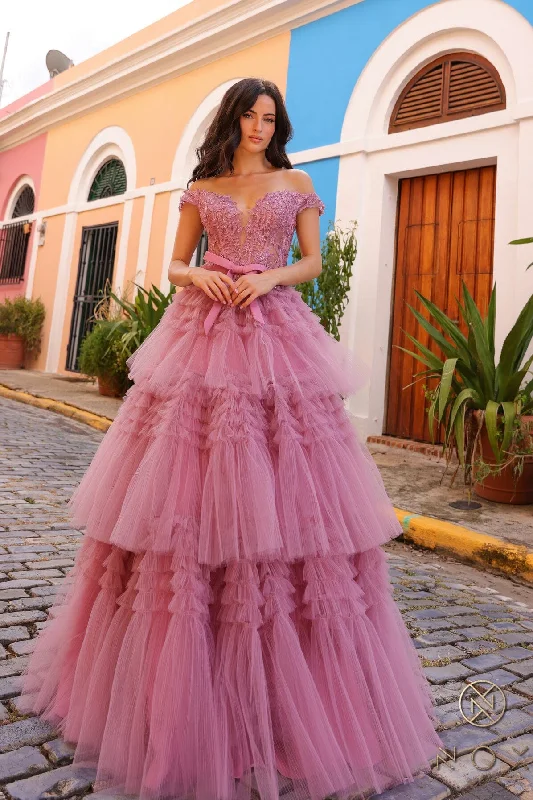 cocktail dresses with off-shoulder necklines for feminine charm --Applique Off Shoulder Tiered Gown by Nox Anabel E1293