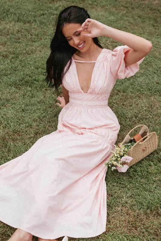 bridesmaid dresses with lace sleeves for classic charm --Joedy Puff Sleeve Midi Dress - Pale Pink bridesmaid dresses with lace sleeves for classic charm --Joedy Puff Sleeve Midi Dress - Pale Pink