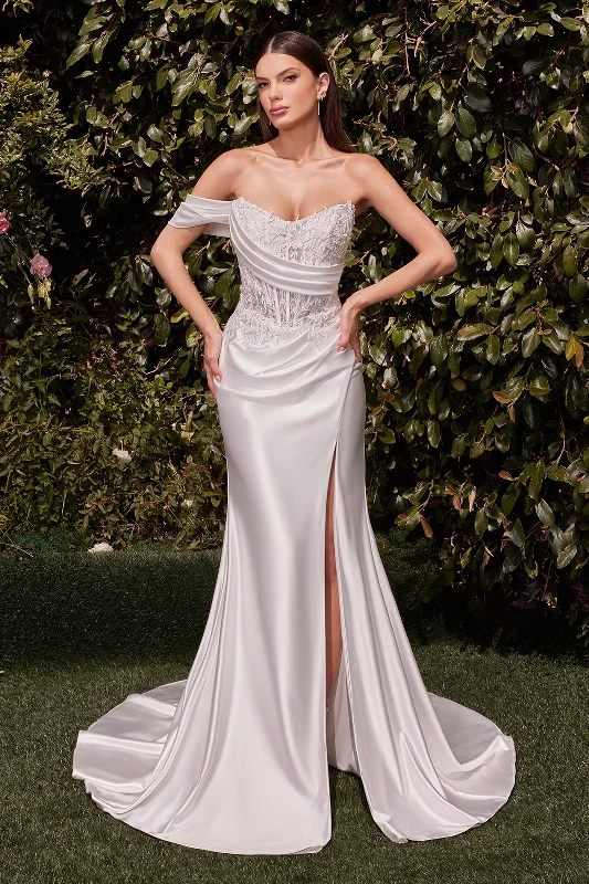 formal dresses for destination weddings with breathable fabrics --Applique Satin White Off Shoulder Gown by Ladivine CD804W formal dresses for destination weddings with breathable fabrics --Applique Satin White Off Shoulder Gown by Ladivine CD804W