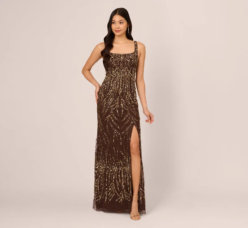 formal dresses for plus size women with V-necklines --Sleeveless Beaded Mermaid Gown With Square Neckline In Chocolate formal dresses for plus size women with V-necklines --Sleeveless Beaded Mermaid Gown With Square Neckline In Chocolate