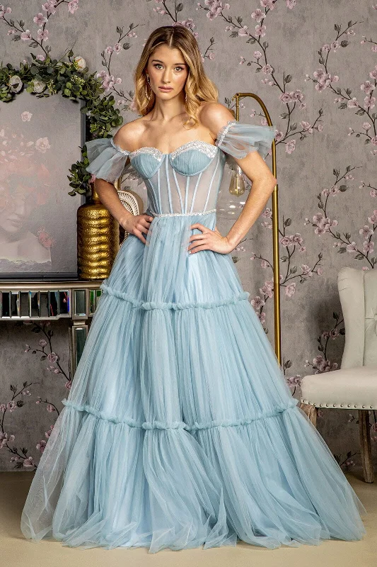 cocktail dresses with velvet finishes for winter warmth --Off Shoulder Sheer Corset Tiered Gown by GLS Gloria GL3453 cocktail dresses with velvet finishes for winter warmth --Off Shoulder Sheer Corset Tiered Gown by GLS Gloria GL3453