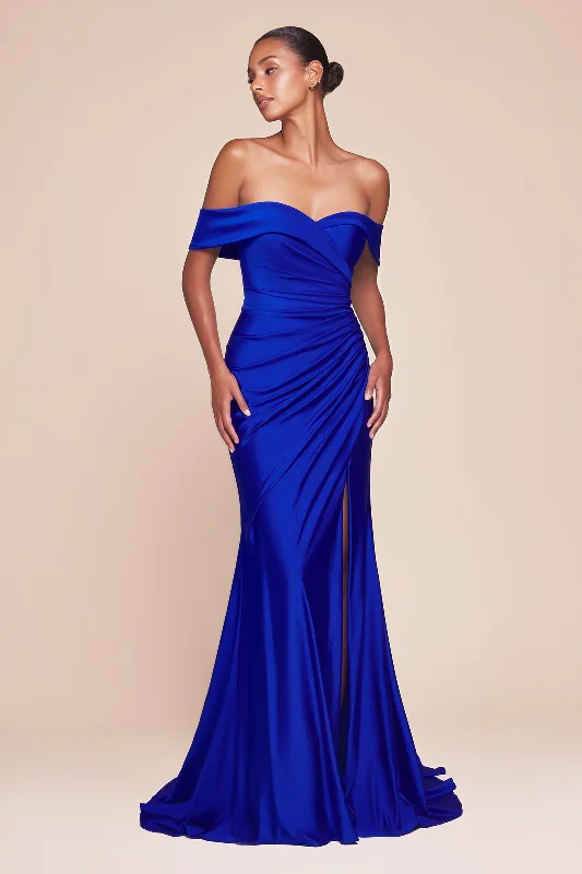 bridesmaid dresses with floral prints for garden weddings --Satin Fitted Off Shoulder Slit Gown by Ladivine CD790 - Outlet bridesmaid dresses with floral prints for garden weddings --Satin Fitted Off Shoulder Slit Gown by Ladivine CD790 - Outlet
