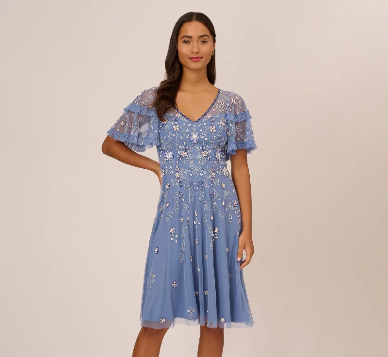 Long sleeve wedding guest dresses for cooler weather -Beaded Midi Dress With Sheer Ruffled Sleeves In French Blue Long sleeve wedding guest dresses for cooler weather -Beaded Midi Dress With Sheer Ruffled Sleeves In French Blue