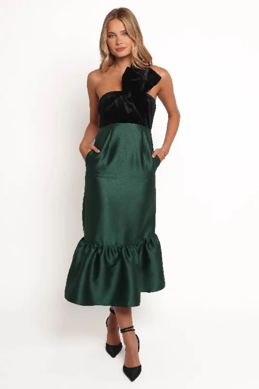 cocktail dresses with velvet bodices for winter glam --Amelie Bow Front One Shoulder Midi Dress - Black/Emerald cocktail dresses with velvet bodices for winter glam --Amelie Bow Front One Shoulder Midi Dress - Black/Emerald