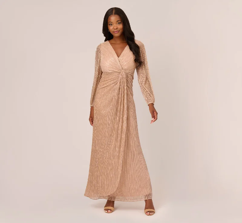 formal dresses with adjustable straps for custom fit --Metallic Crinkled Mesh Draped Long Gown In Light Gold