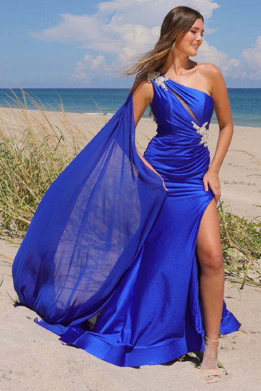 Wedding guest dresses with ruffles for a playful look -One Shoulder Cape Slit Gown by Amelia Couture 7056 Wedding guest dresses with ruffles for a playful look -One Shoulder Cape Slit Gown by Amelia Couture 7056