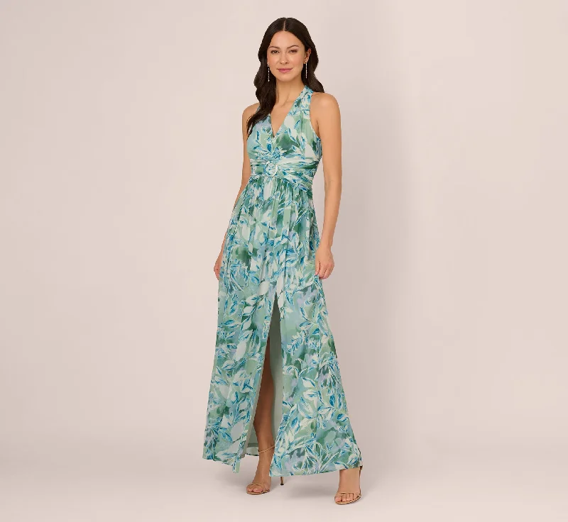 formal dresses with floral prints for garden weddings --Leaf Print Chiffon Shirred Gown With Halter Neckline In Slate