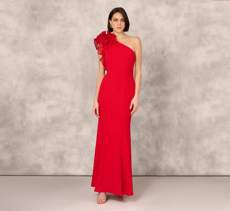 formal dresses with floral appliques for romantic looks --One Shoulder Mermaid Dress With Organza Sleeve In Red formal dresses with floral appliques for romantic looks --One Shoulder Mermaid Dress With Organza Sleeve In Red