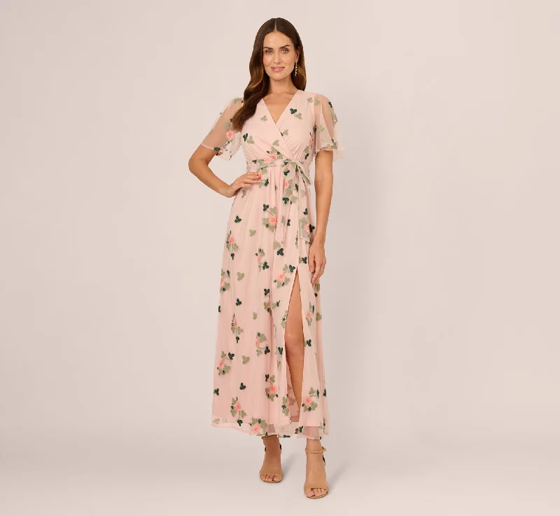 Wedding guest dresses that match well with a floral crown -Floral Embroidered Maxi Dress With Sheer Flutter Sleeves In Blush Multi Wedding guest dresses that match well with a floral crown -Floral Embroidered Maxi Dress With Sheer Flutter Sleeves In Blush Multi