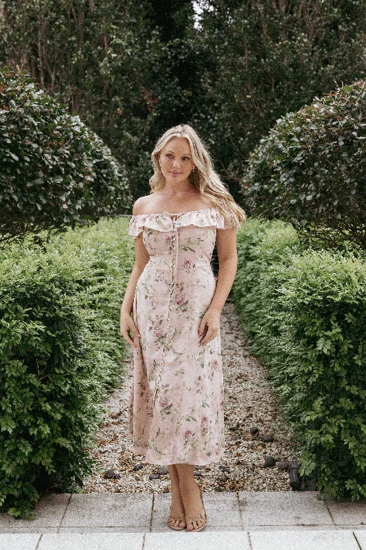 Stylish dresses for fancy dinner parties -Lauryn Off The Shoulder Midi Dress - Blush Rose Stylish dresses for fancy dinner parties -Lauryn Off The Shoulder Midi Dress - Blush Rose