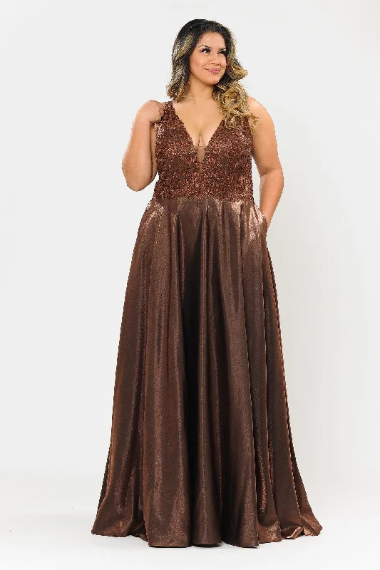 Trendy wedding guest dresses in pastel colors for a soft look -Plus Size Long Embroidered Bodice Satin Dress by Poly USA W1032 Trendy wedding guest dresses in pastel colors for a soft look -Plus Size Long Embroidered Bodice Satin Dress by Poly USA W1032