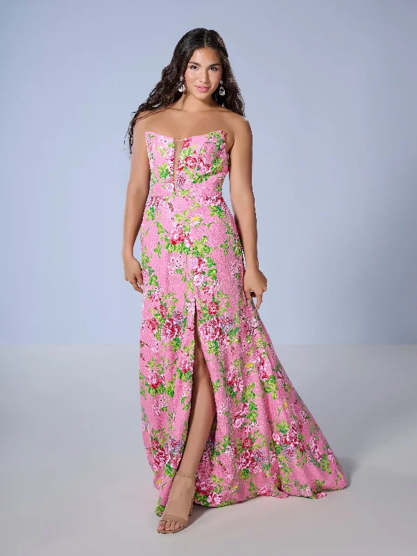 formal dresses with detachable capes for dramatic effect --Floral Print Strapless Slit Gown by Tiffany Designs 16143 formal dresses with detachable capes for dramatic effect --Floral Print Strapless Slit Gown by Tiffany Designs 16143