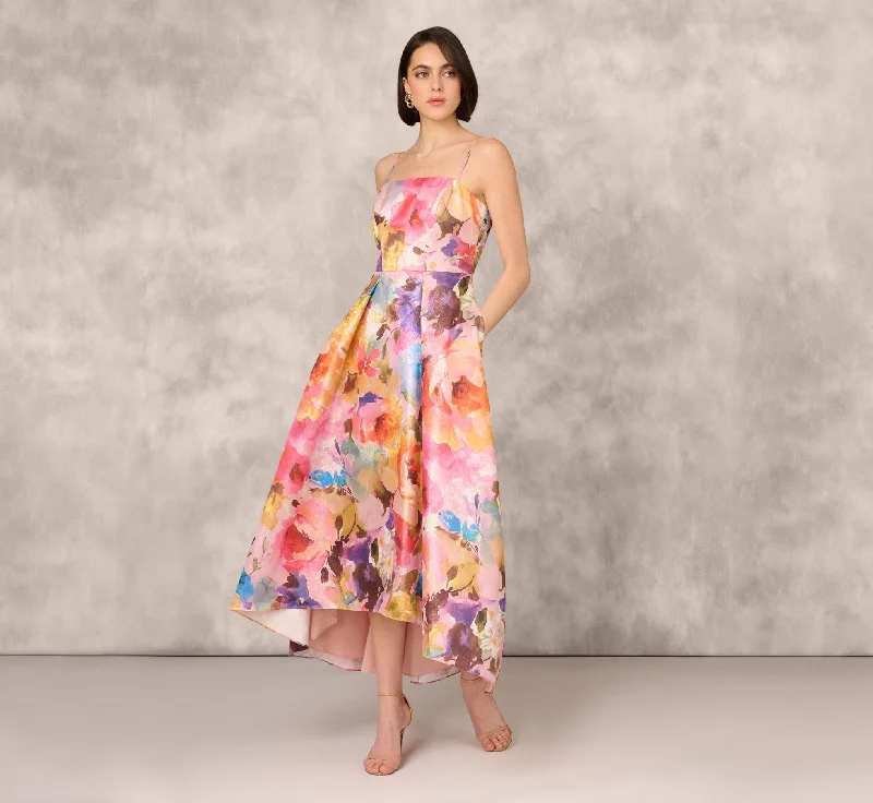 formal dresses for prom with sweetheart necklines --Multicolor Metallic Floral Print Jacquard High Low Gown With Pockets In Pink Multi formal dresses for prom with sweetheart necklines --Multicolor Metallic Floral Print Jacquard High Low Gown With Pockets In Pink Multi
