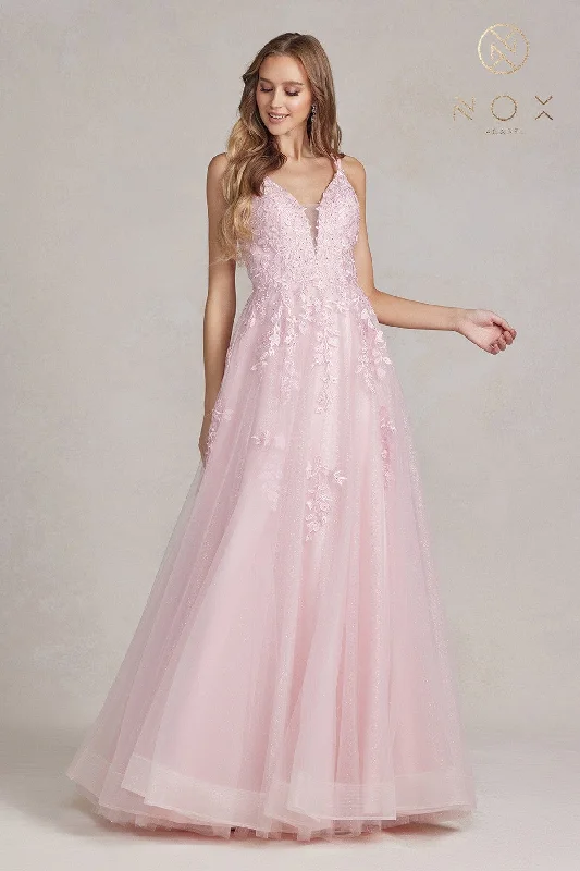 formal dresses with lace necklines for feminine touch --Lace Applique Tulle A-line Gown by Nox Anabel T1136 formal dresses with lace necklines for feminine touch --Lace Applique Tulle A-line Gown by Nox Anabel T1136