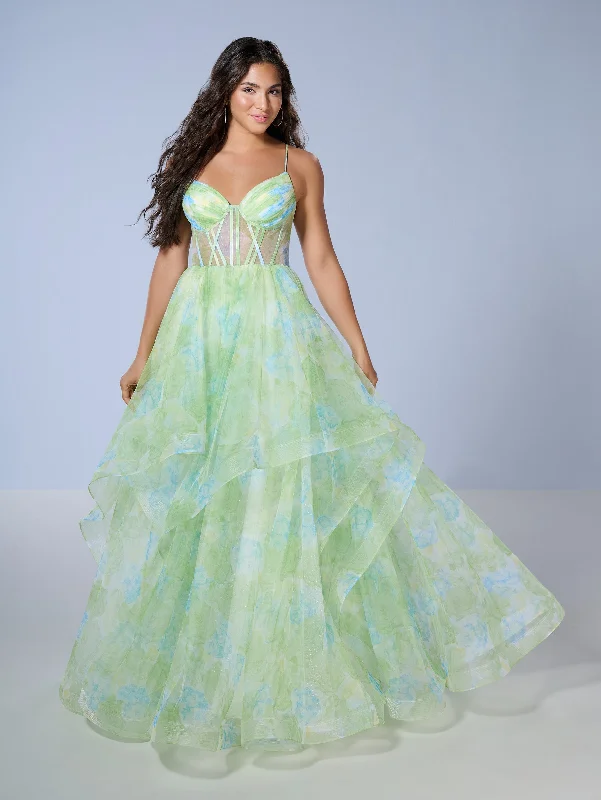 formal dresses with mesh sleeves for subtle coverage --Floral Print Layered Gown by Tiffany Designs 16163 formal dresses with mesh sleeves for subtle coverage --Floral Print Layered Gown by Tiffany Designs 16163