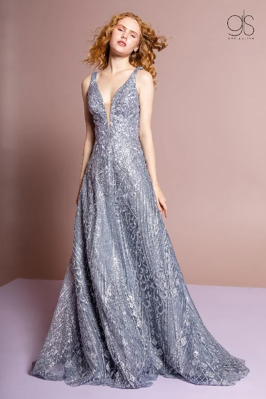 cocktail dresses with puffed sleeves for vintage flair --Glitter Print Gown with Illusion V-Neckline by GLS Gloria GL2698 cocktail dresses with puffed sleeves for vintage flair --Glitter Print Gown with Illusion V-Neckline by GLS Gloria GL2698