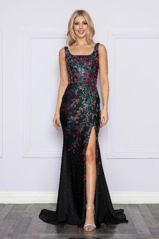 cocktail dresses with tiered skirts for playful movement --Fitted Beaded Sleeveless Slit Gown by Poly USA 9270 cocktail dresses with tiered skirts for playful movement --Fitted Beaded Sleeveless Slit Gown by Poly USA 9270