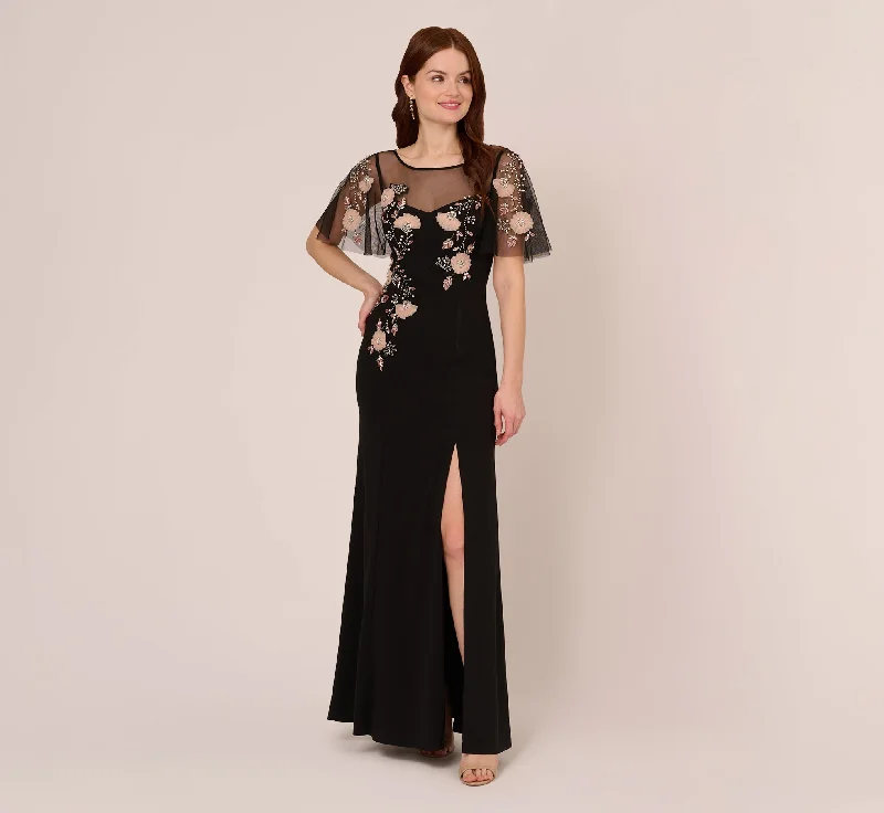 formal dresses for winter weddings with velvet and long sleeves --Flutter Sleeve Crepe Gown With Floral Sequin Beading In Black Blush Multi formal dresses for winter weddings with velvet and long sleeves --Flutter Sleeve Crepe Gown With Floral Sequin Beading In Black Blush Multi