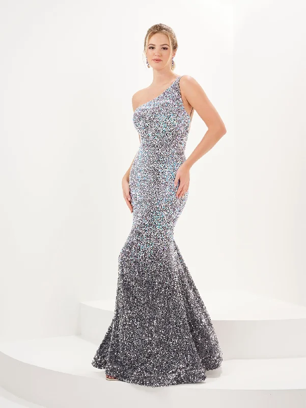 Wedding guest dresses with high-low hemlines for style -Ombre Sequin One Shoulder Gown by Tiffany Designs 16089 Wedding guest dresses with high-low hemlines for style -Ombre Sequin One Shoulder Gown by Tiffany Designs 16089