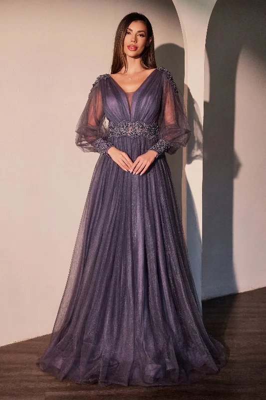 Elegant wedding guest dresses for formal evening events -Tulle Long Sleeve A-line Gown by Ladivine CD0938 Elegant wedding guest dresses for formal evening events -Tulle Long Sleeve A-line Gown by Ladivine CD0938