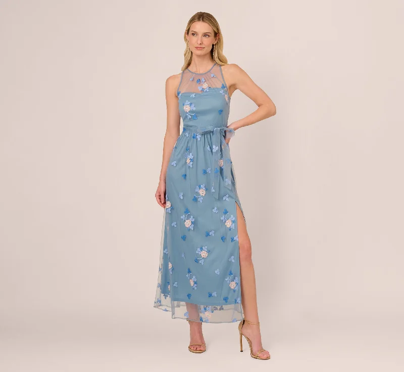 Spring dresses for mothers of the bride -Sleeveless Illusion Embroidered Maxi Dress In French Blue Multi