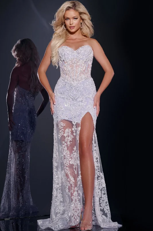 formal dresses with adjustable waist ties for comfort --Lace Fitted Strapless Slit Gown by Jovani 43184