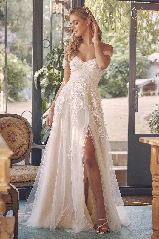 Stunning wedding guest dresses with soft draped fabric for elegance -Floral Applique Off Shoulder Bridal Slit Gown by Nox Anabel JE953 Stunning wedding guest dresses with soft draped fabric for elegance -Floral Applique Off Shoulder Bridal Slit Gown by Nox Anabel JE953