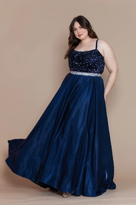 Wedding guest dresses with puff sleeves for a dramatic effect -Plus Size Long Satin Dress with Sequin Bodice by Poly USA W1018 Wedding guest dresses with puff sleeves for a dramatic effect -Plus Size Long Satin Dress with Sequin Bodice by Poly USA W1018